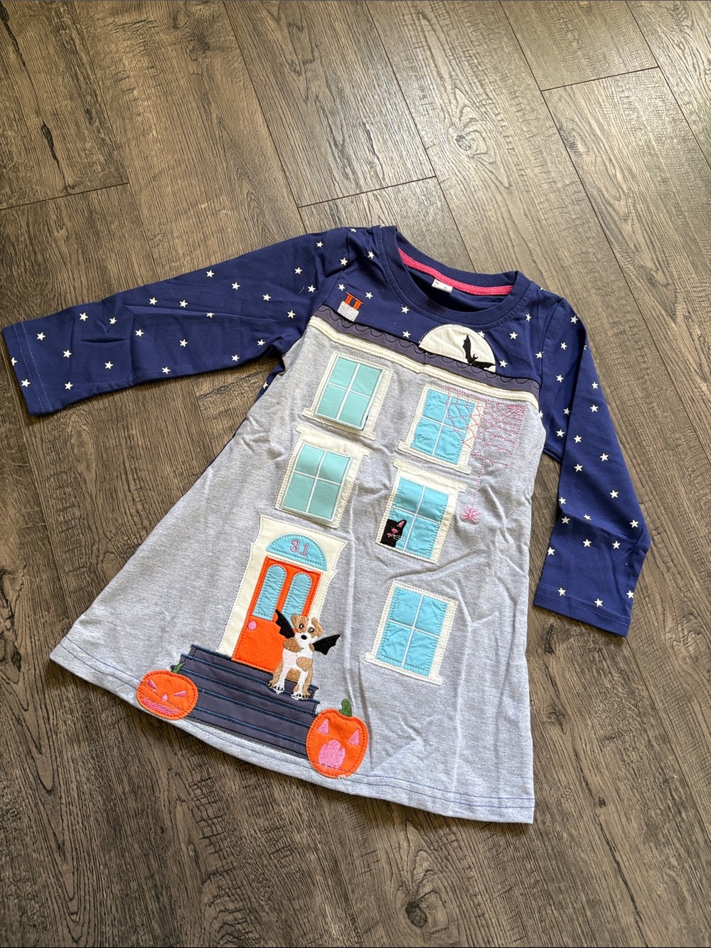 Girls' Long Sleeve Puppy House Tee Dress - Navy & Gray